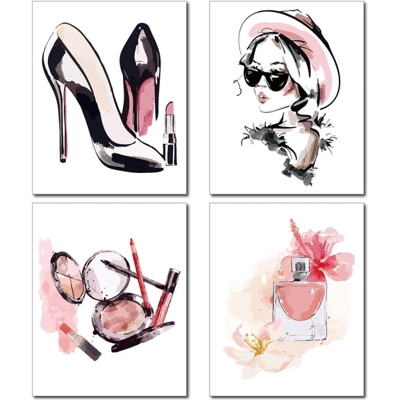 4Pcs Pink Canvas Wall Art Canvas Print Wall Painting High Heels Fashion Women Makeup Perfume Print Poster Artwork Wall Decorations Rectangle Fiber Oil for Home 10x8Inch-Unframed 25x20cm