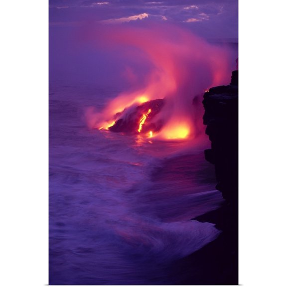 Great BIG Canvas | "Hawaii, Big Island, Volcano Lava Meets The Sea" Art Print - 32x48