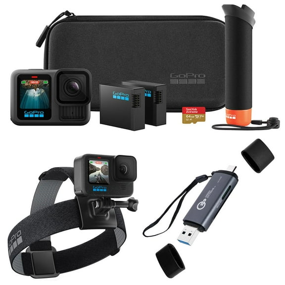 GoPro GoPro HERO13 Black Accessory Bundle - Includes The Handler, 2 Enduro Batteries, 2 Curved Adhesive Mounts, 64GB SanDisk MicroSD Card, and Carrying Case, Head Strap & Card Reader