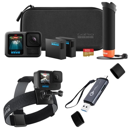 GoPro HERO13 Black Accessory Bundle - Includes The Handler, 2 Enduro Batteries, 2 Curved Adhesive Mounts, 64GB SanDisk MicroSD Card, and Carrying Case, Head Strap & Card Reader