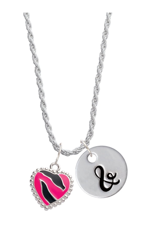 Silvertone Hot Pink Zebra Print Heart Silvertone Script Initial Disc - & - Charm Necklace, 20"+3"