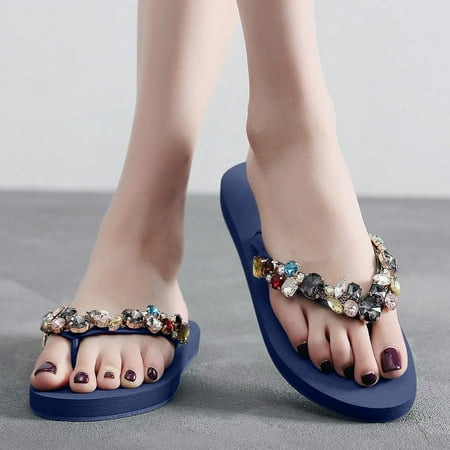 CHOII Clearance Ladies Fashion Summer Crystal Bohemian Style Slippers Beach Sandals Shoes Flip Flops for Women Special Anti-Slip Design Elegant and Refined Blue/8