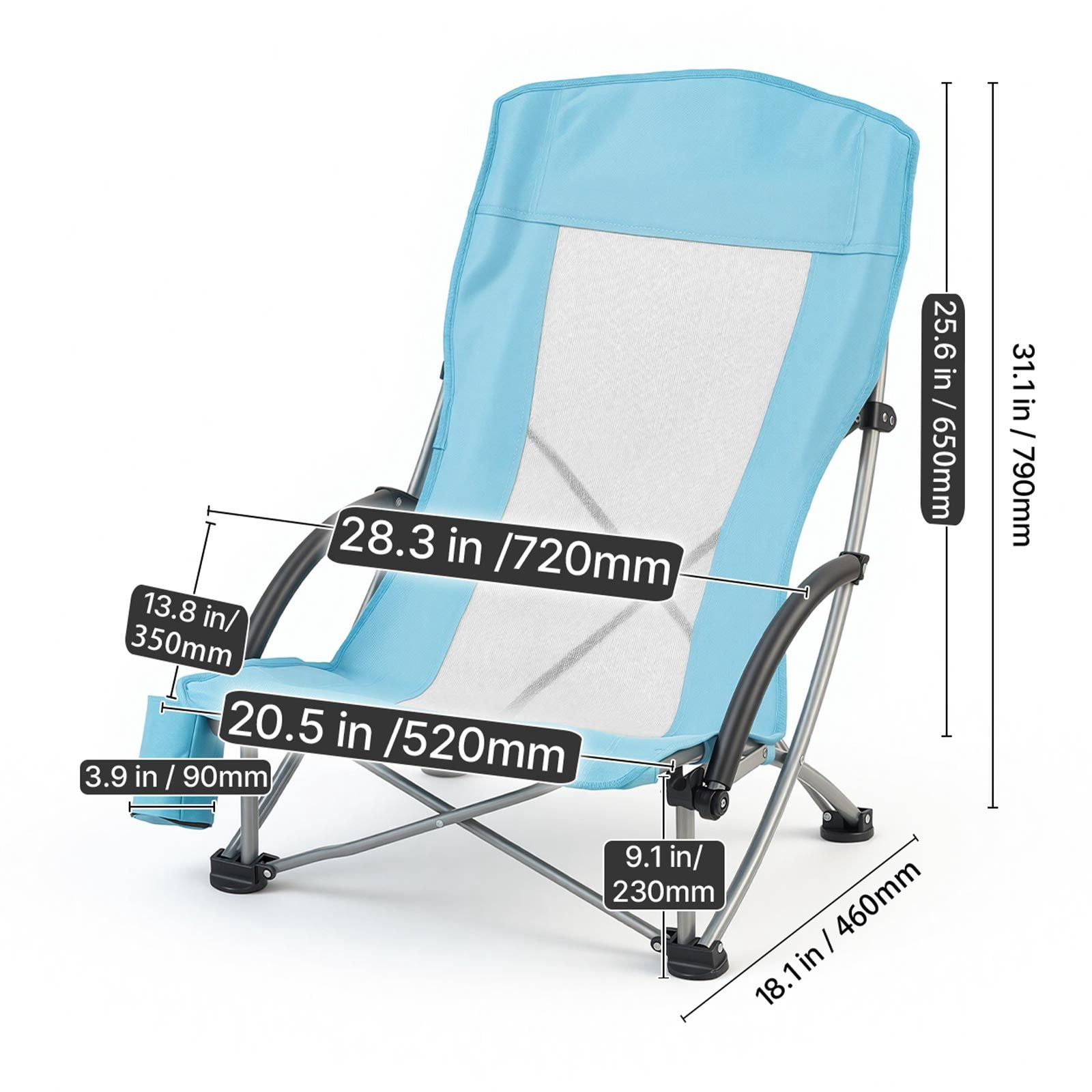 Folding Beach Chair, High Back Camping Chairs for Adults, with Cup Pocket, Mesh Back, Carry Bag, Portable Extra Wide Seat Chair 330 lbs Heavy Duty Support, for Outdoor, Camp, Light Blue