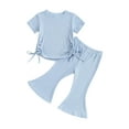 thumbnail image 2 of Musuos Toddler Girls Ribbed Summer Outfits, 9M 12M 18M 24M 3Y 4Y Short Sleeve Round Neck Side Drawstring Tops + Elastic Waist Flare Pants Set, 2 of 10