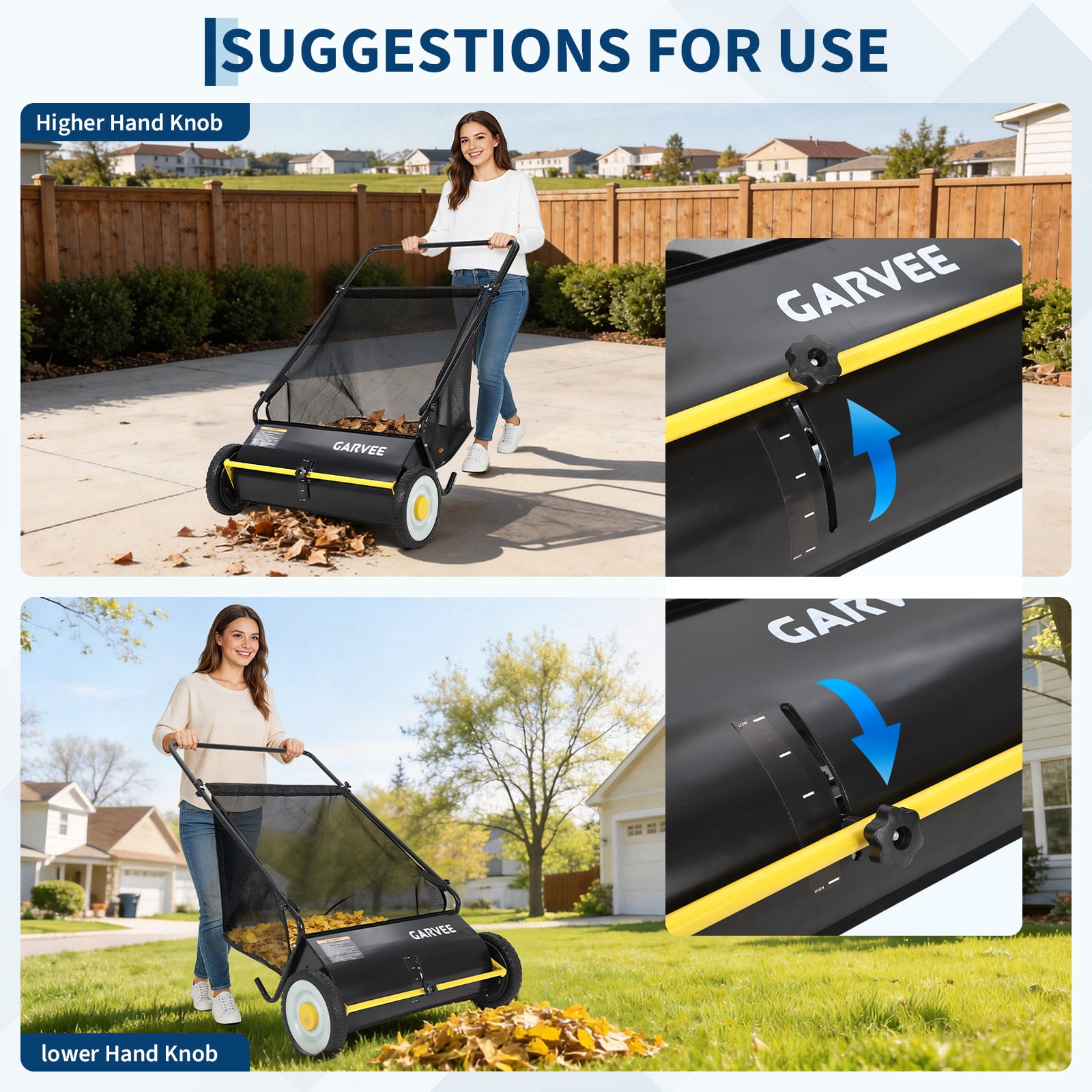 BouPower 26 in Push Lawn Sweeper – 4 Spinning Brushes, 7 Cu. Ft. Large Capacity Collection Bag, Adjustable Height, Durable Steel Frame with Rubber Wheels, for Grass, Leaves & Debris on All Terrains