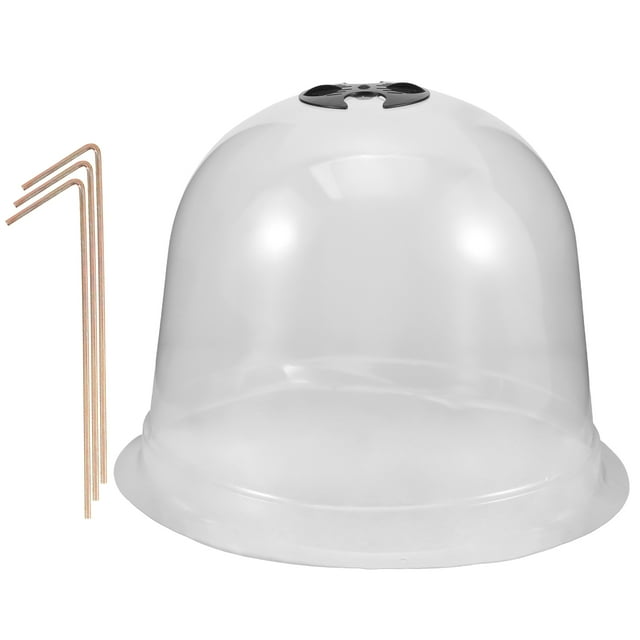 MIANGASTORE 1 Set of Plants Protection Humidity Dome, a transparent plastic cloche dome with vented top and three metal nails for secure placement. Designed to protect seedlings, small plants, and flowers from frost, birds, and harsh weather in gardens or landscape projects.