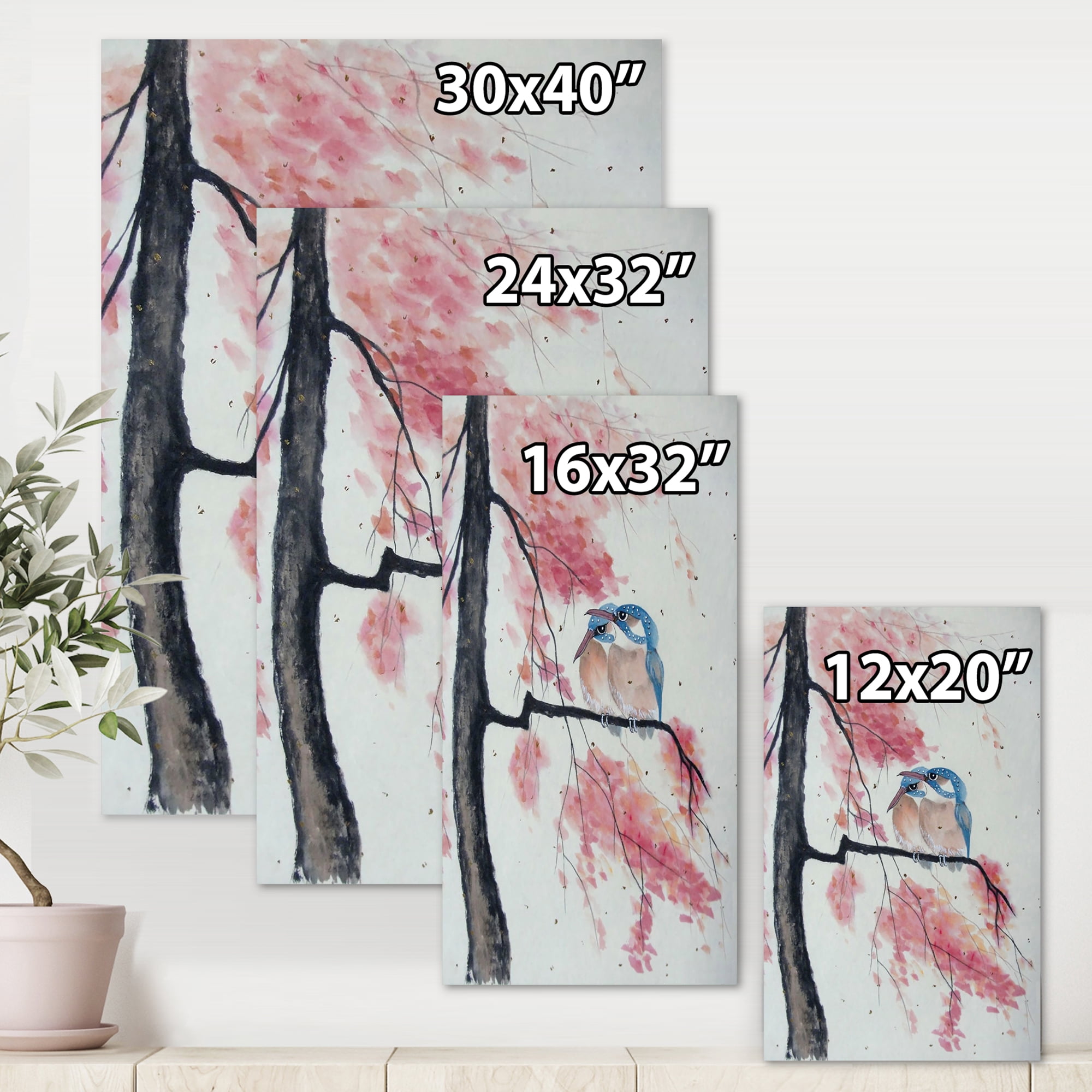 Two Blue Kingfisher Birds Sitting On A Flowering Branch 16 in x 32 in Painting Canvas Art Print, by Designart