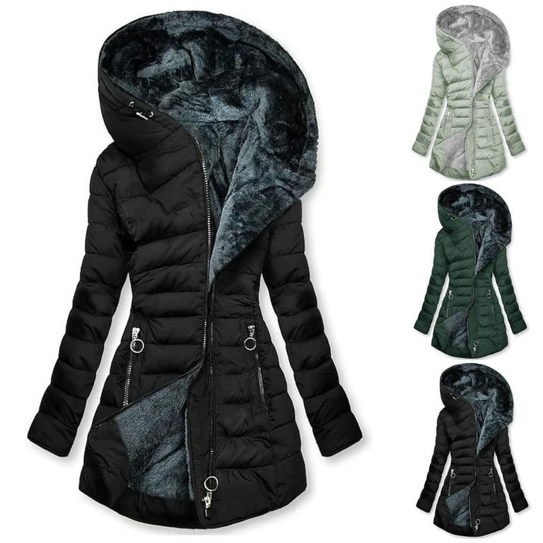 AKOEE Plus Size Winter Jacket, Mid Length Hooded Warm Puffer Coat