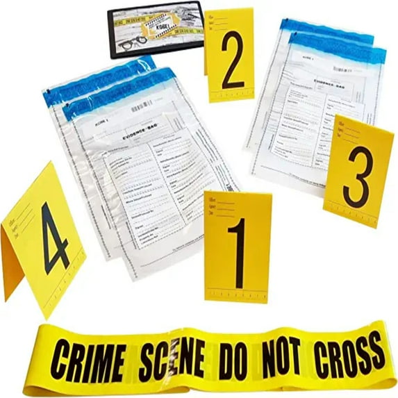 Kobe1 Crime Scene Barrier Tape, Do Not Cross (33'), Evidence Collection Bags (16.9” x 9.8”) (x4), Photo Evidence Markers, Frames (Cards:1 to 4),(5.9” x 4.1”) Folded