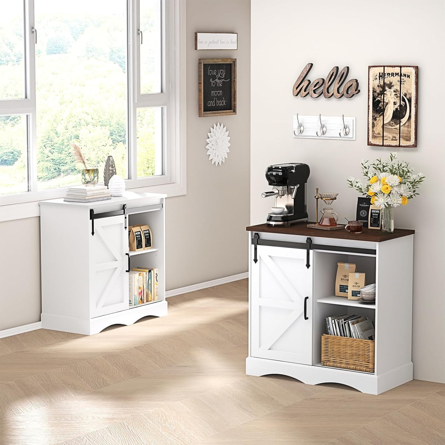 Chvans 31.5" Farmhouse Coffee Bar Cabinet with Storage, Aquarium Stand Fish Tank Table, Grey Accent Cabinets for Living Room, Entryway, White