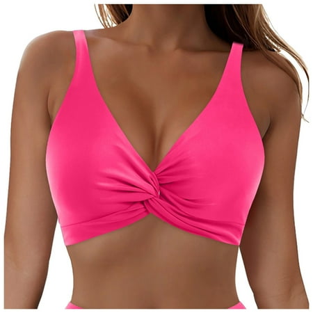 Zhden Swim Tops Women Bikini Top Halter Twist Front Swimsuit Top Padded V Neck Swim Tops Women Top OnlyPink M