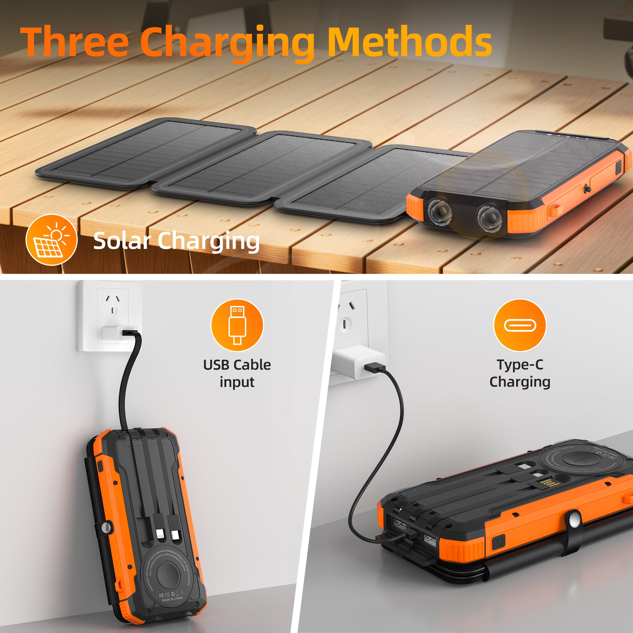 SOLPOWBEN 20000mAh Solar Power Bank With 4 Solar Panels,Portable Charger with Built-in 3 Cables and 22.5W Fast Charging,Phone Charger Compatible with iPhone/Android-Camping/Travel Essentials(Orange)