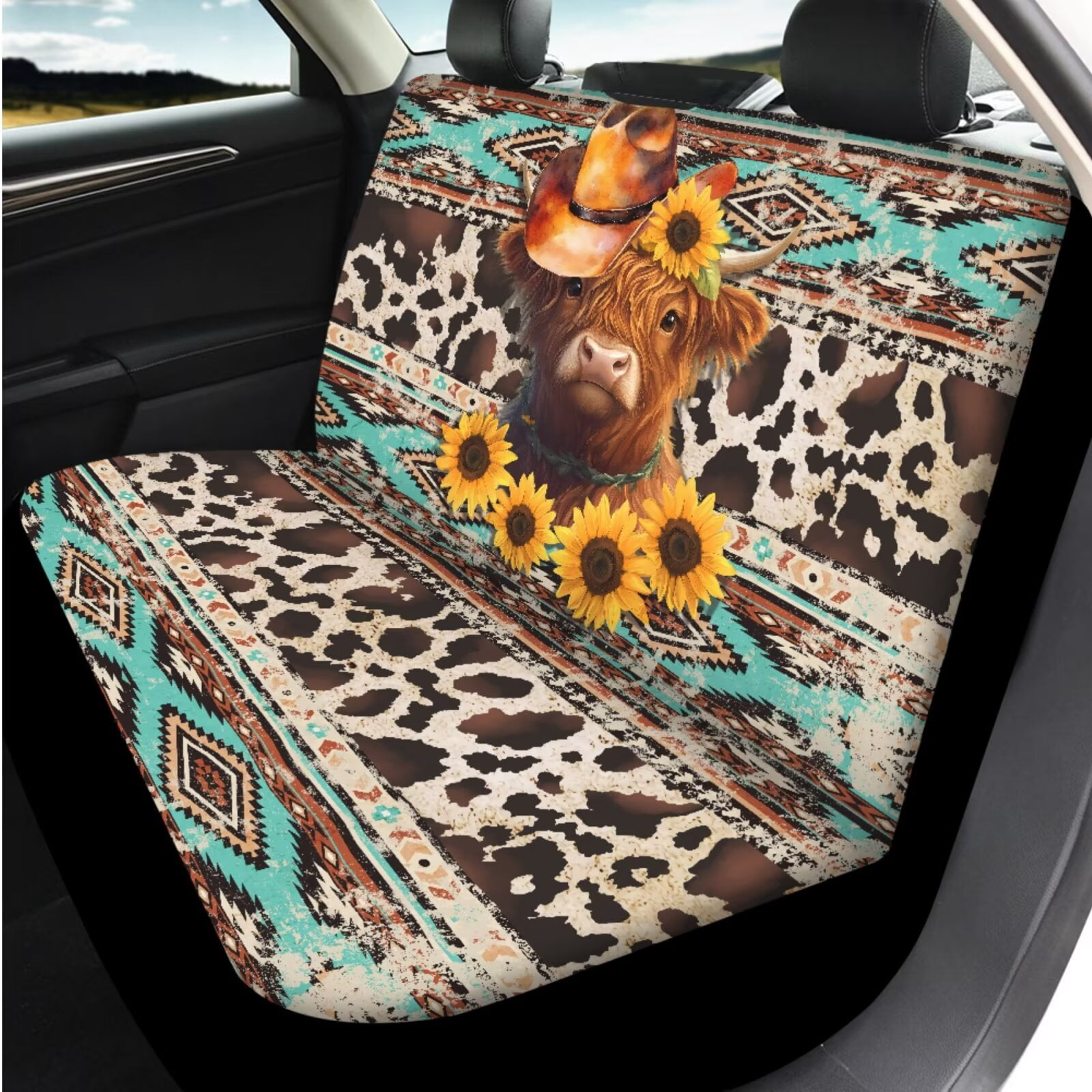 Garronmavis Aztec Highland Cow Car Seat Covers Set 14 Pack Head Rest Protector Car Steering Wheel Cover Auto Armrest Cover Seat Belt Covers Keychain and Coaster Universal Size Fit for Cars SUV