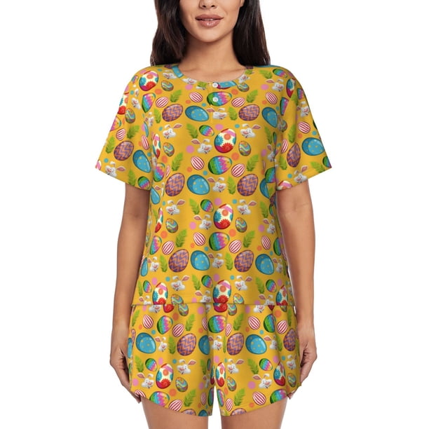 Fotbe Easter Conjunto de Pijama Estampado para Mujer, 2 Piezas, Ropa de Dormir con Camiseta de Manga Corta y Shorts Suaves-Small