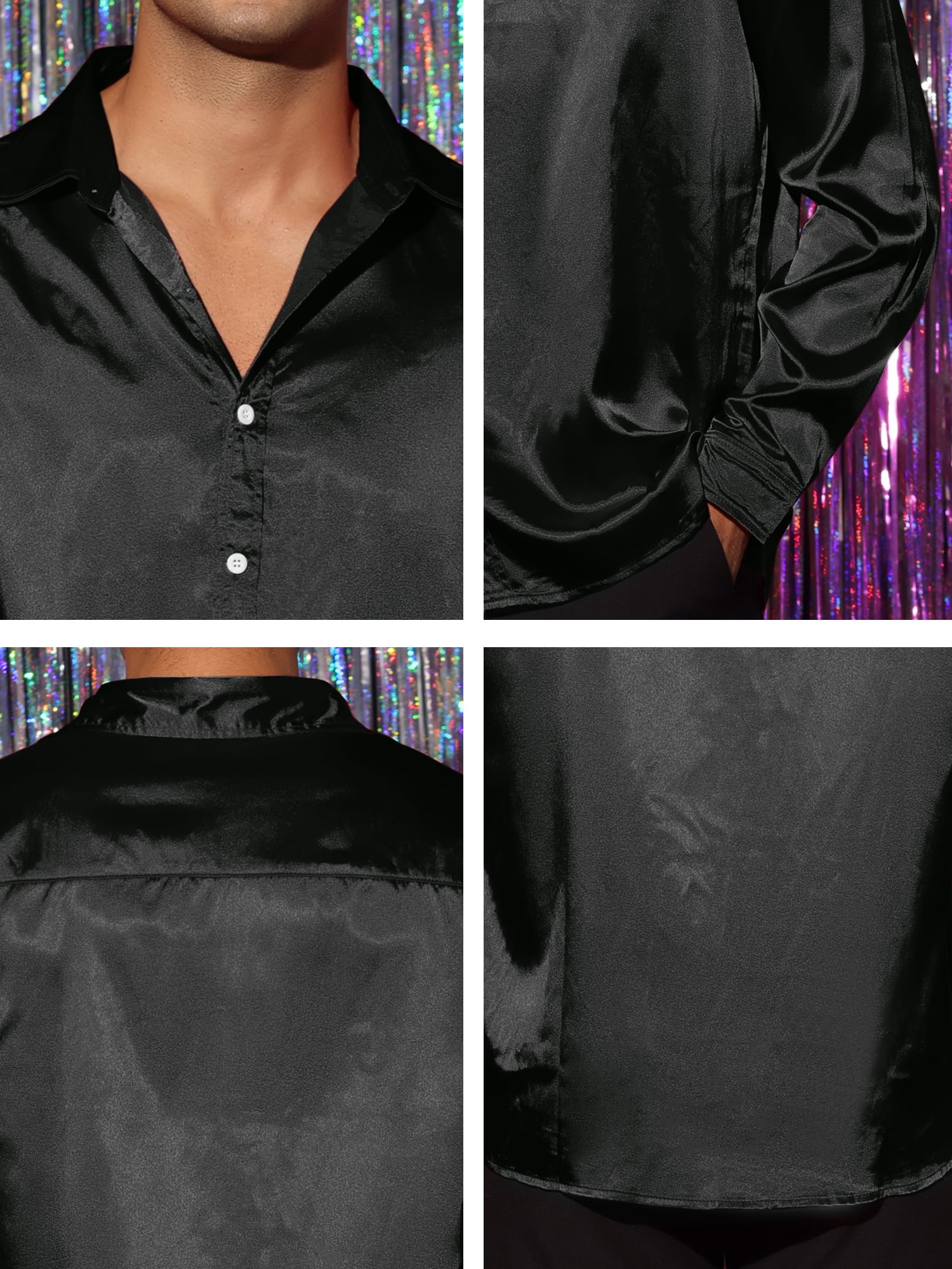 Unique Bargains Men's Satin V Neck Long Sleeves Button Down Prom Shirts XL Black