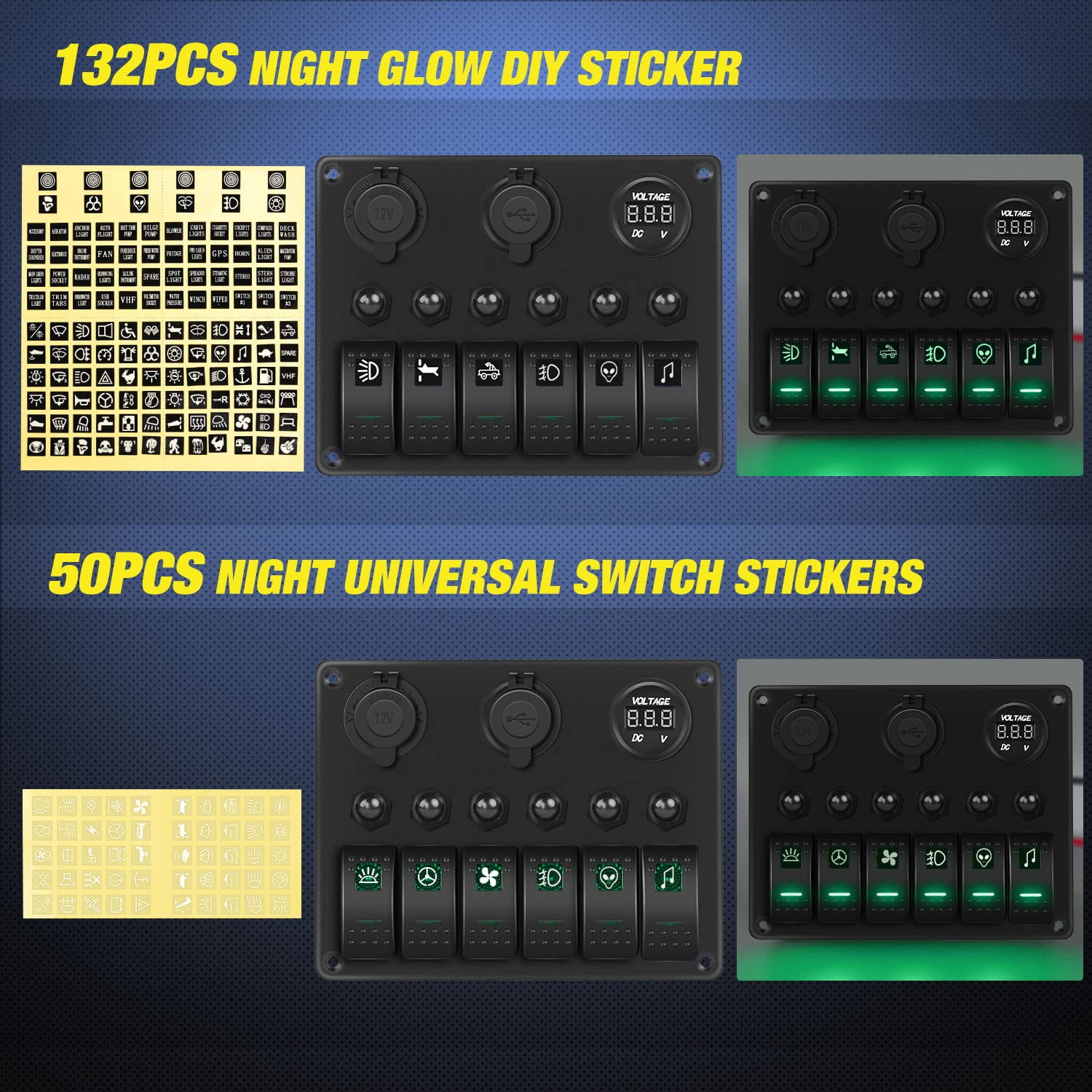 Nilight - 6 Gang ON Off Rocker Switch Panel Green Backlit 12V24V LED Digital Voltmeter Dual USB Charger Cigarette Lighter Socket Overload Protection Switch Panel For Cars RVs Boats