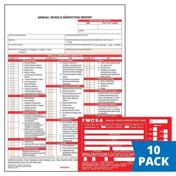 Annual Vehicle Inspection Report Form 10-pk. (Snap-Out Format ...