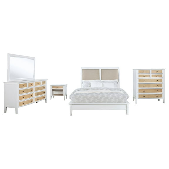 Benjara Heo 5pc Queen Bedroom Set, Rattan Woven Drawer, Brown Fabric, White