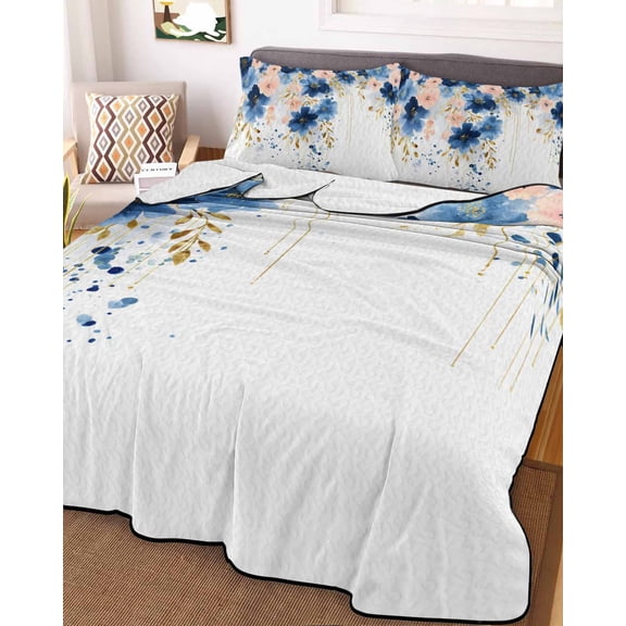 Navy Blue Spring Floral Full Size Down Alternative Comforter, Lightweight Comforter Quilt Bedding Set with Pillow Shams Farmhouse Butterfly All Seasons Bed Comforter Duvet Insert 78"x90"