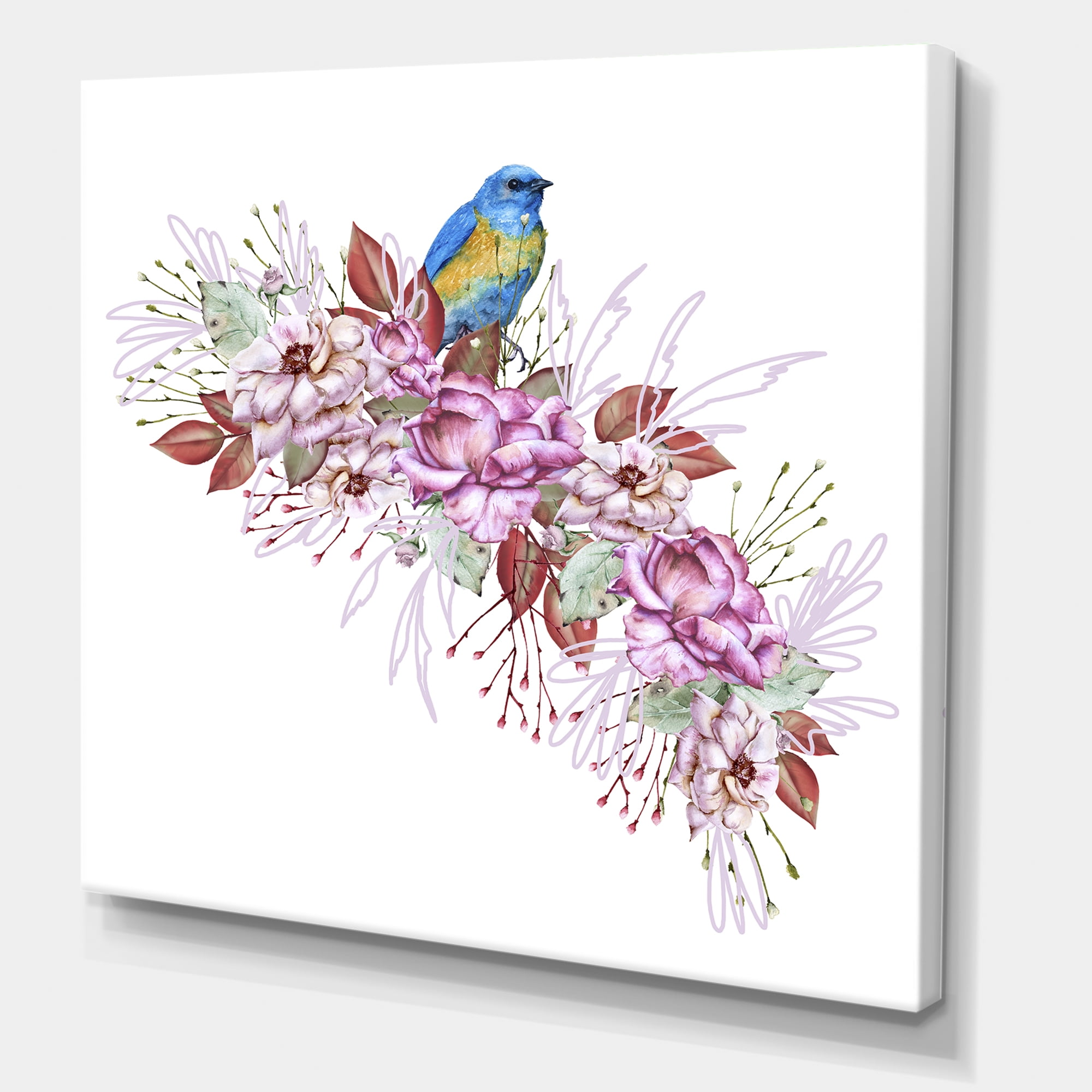 Designart ' Little Blue Bird Sitting On Colorful Boquet of Flowers ' Traditional Canvas Wall Art Print