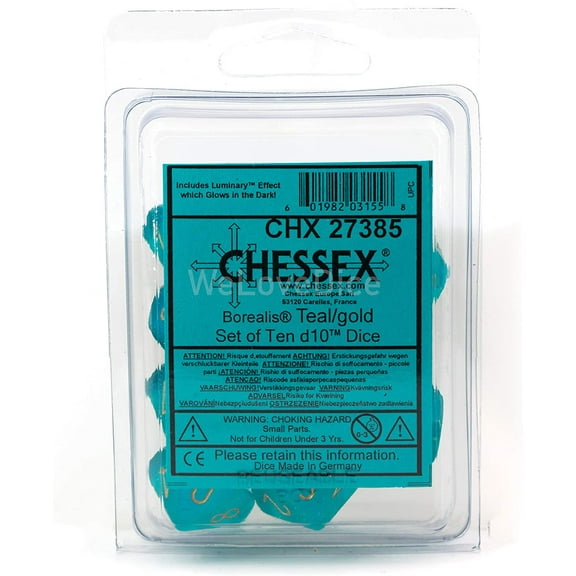 Borealis Teal and Gold Luminary 10 D10 Dice Set offered by Publisher Services