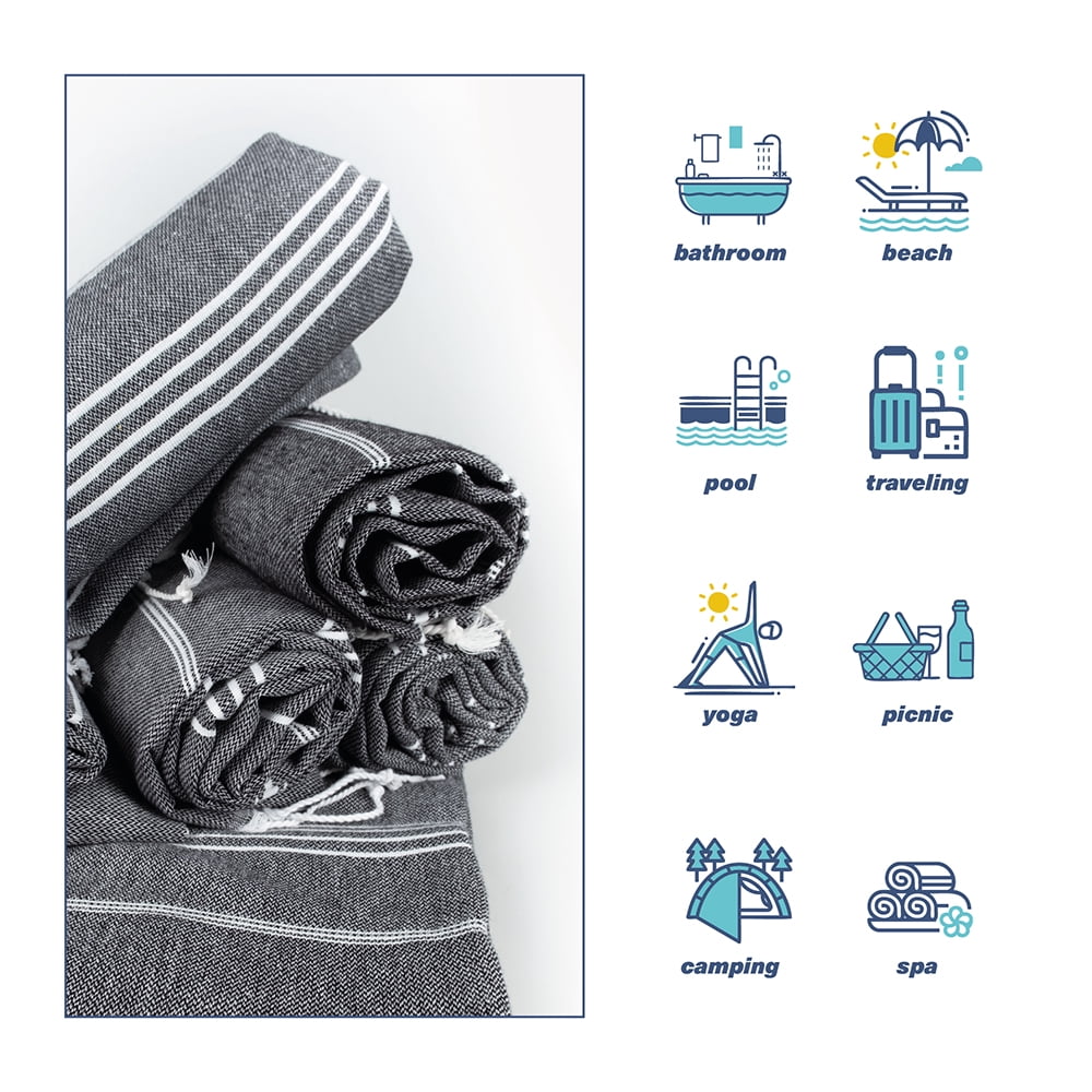 Hencely Turkish Beach Towel All Black - Set of 6