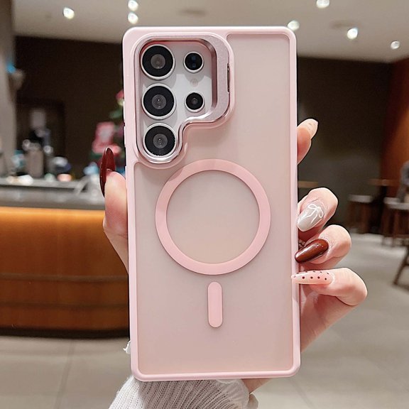 Compatible with Samsung Galaxy S24 FE Magnetic Case, [With Metal Camera Ring Stand][Compatible with Mag-safe] [Translucent Matte] Shockproof Protective SkinFeel Phone Case,Pink