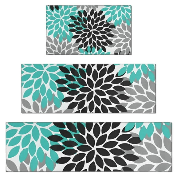 Black Turquoise and Gray Floral Pattern Kitchen Rugs Sets Of 3,Kitchen Runner Rugs Non Skid Washable,Decorative Kitchen Floor Mats for Kitchen,Sink,Laundry,17"x30" 17"x47" 17"x59"