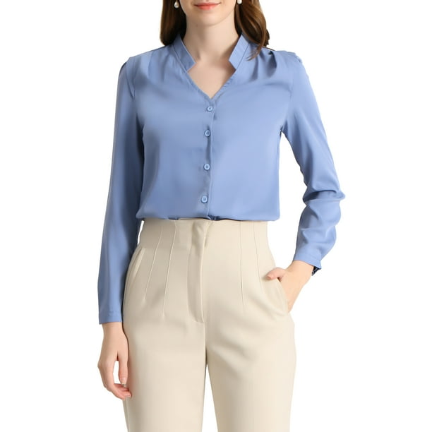 CAMISA DE BOTONES DE MANGA LARGA EN V DE MUJER ELEGANTE CHIC XS AZUL