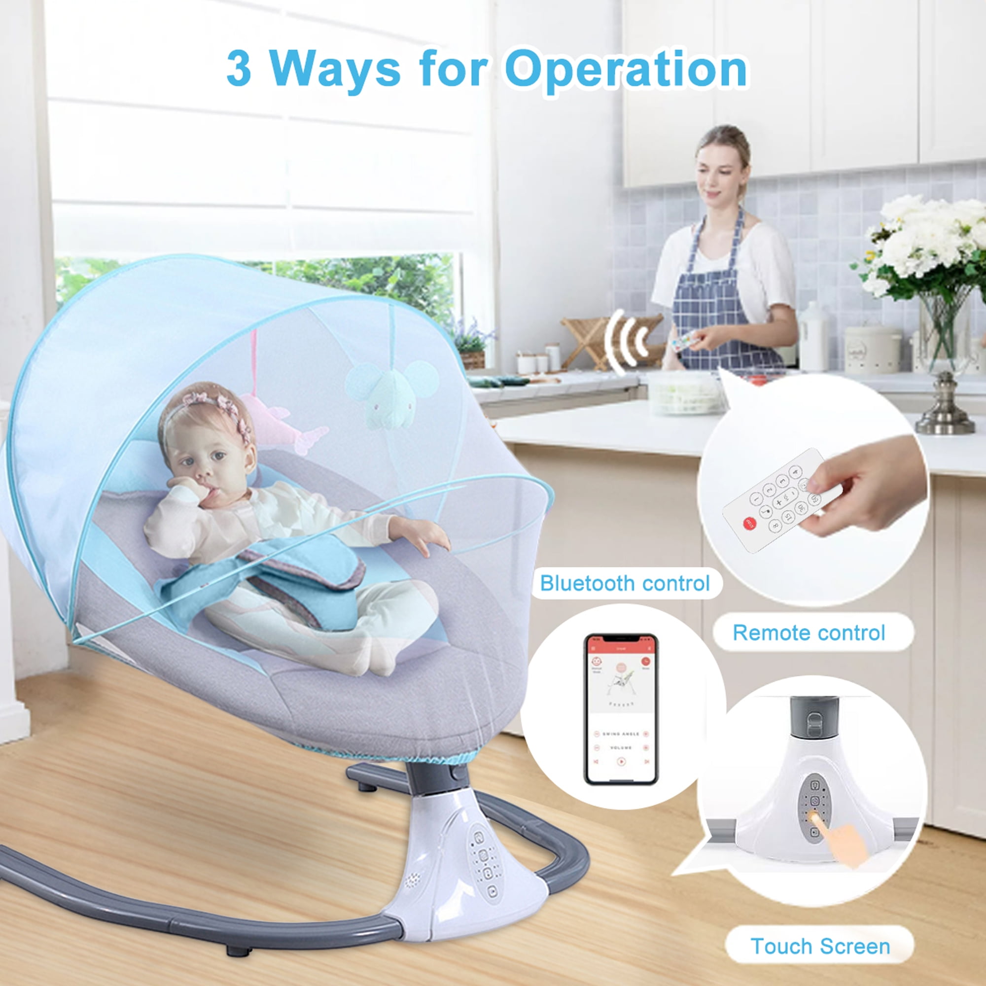 Electric Baby Swing for Infants, Bluetooth Speaker, Remote Control, Blue