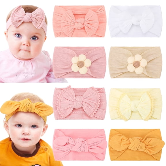 Bocaoying 8 Pack Baby Girls Headbands with Bows, Soft Elastic Head Wrap for Newborn Infant Toddler, 4 Styles in Pink White Yellow, Wide Band 5.5-7", Ideal for Newborn Photoshoot & Baby Shower Gift