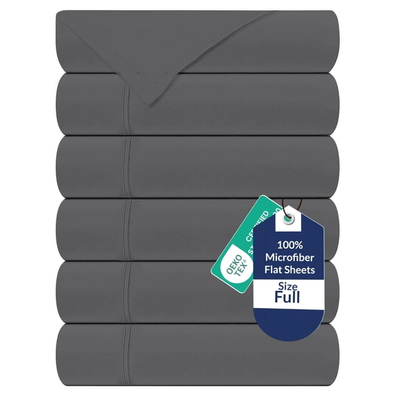 Royale Linens 6 Pack Bulk Flat Sheet Set - Top Sheets - Soft 1800 Microfiber - Wrinkle & Stain Resistant - for Hotel, Massage Table, Hospital, Dorm - Full Flat Sheet Sold Separately (Full, Grey)