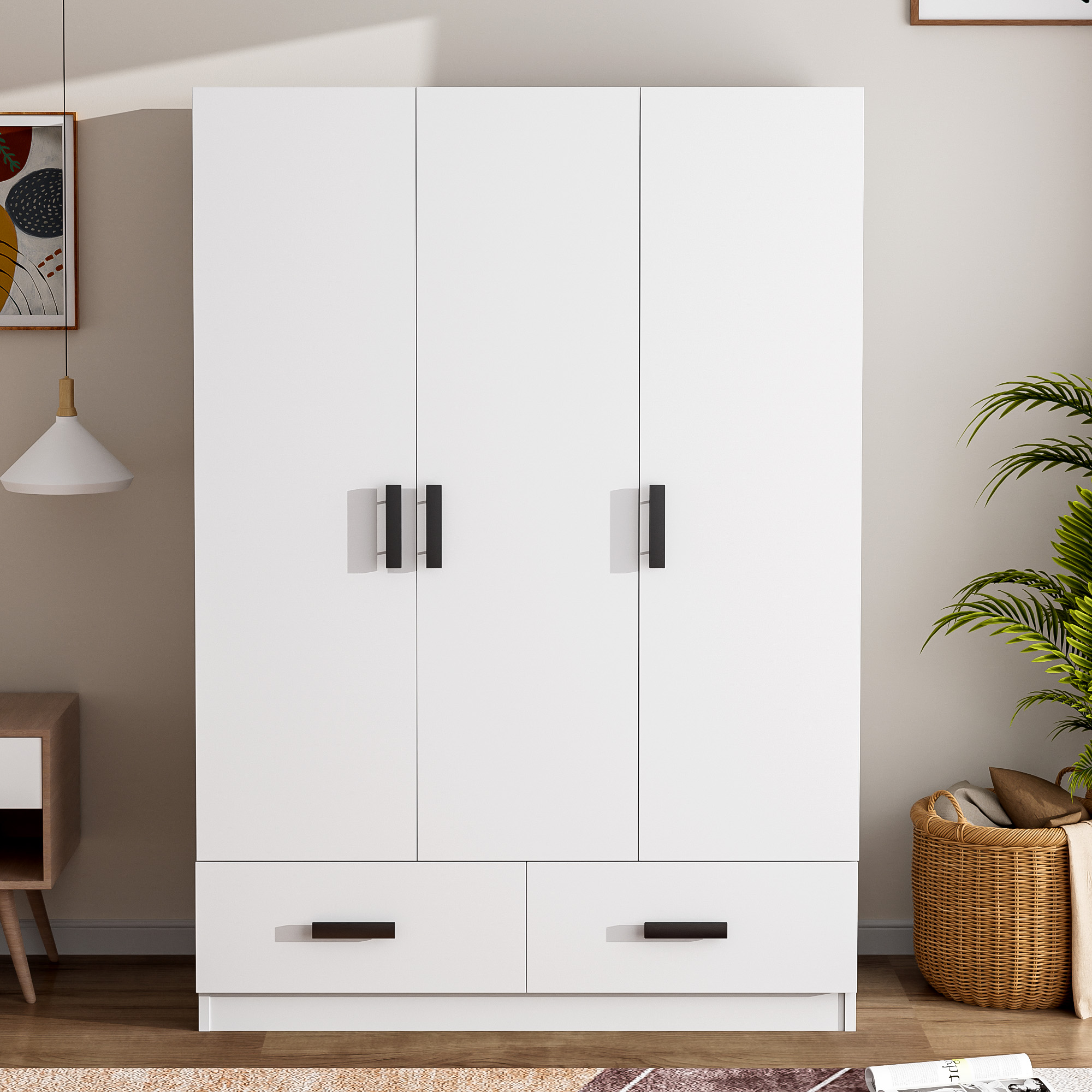 EUROCO 67.7 Modern Armoire Wardrobe, 3 Door Cabinet Closet with Clothing Rods for Kids Adutls, White