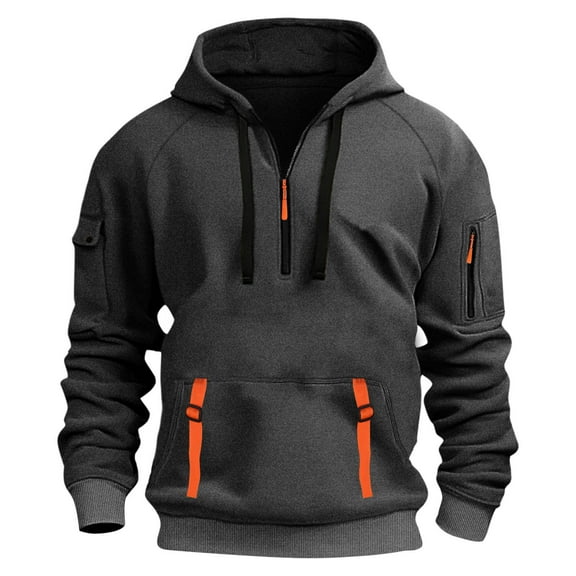 WMTBSRSW Fall Cargo Hoodies for Men Quarter Zip Pullover Sweatshirts Solid Casual Drawstring Sweatshirt with Kanga Pocket Running Jogging Hoodie Dark Gray XX-Large