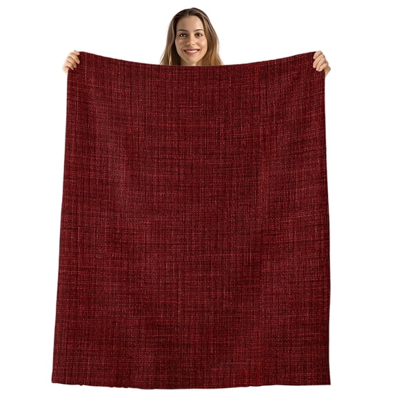 Vintage Dark Red Throw Blanket, Flannel Fleece Blanket with Striped Design for Couch, Farmhouse Retro Solid Color Linen Texture Soft Breathable All Season Plush Blankets for Sofa Chair Travel 32"x48"