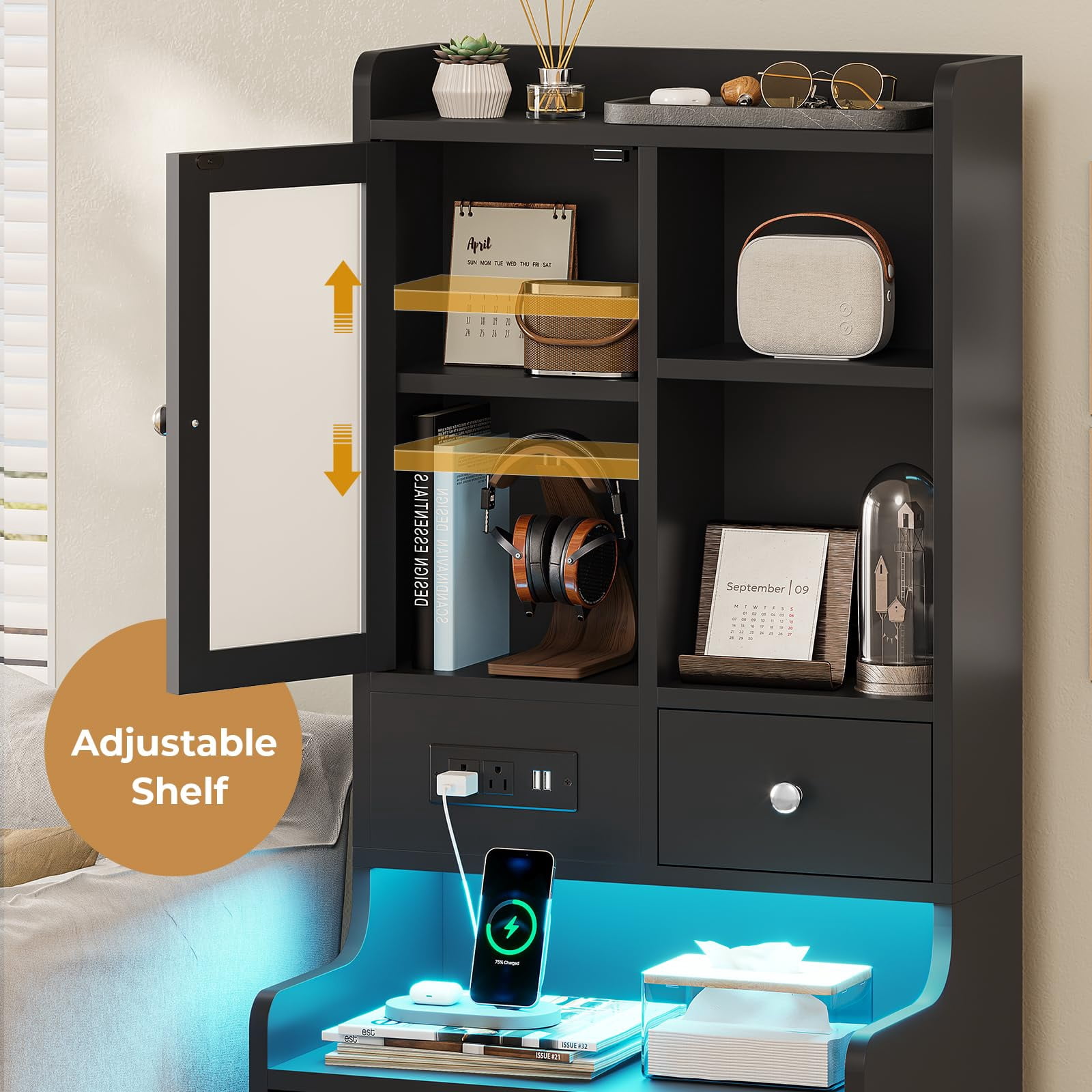 Tall Night Stand with Charging Station and LED Lights,49.2" Nightstand with Shelf and Glass Door, Bedside Table with Drawers,Black