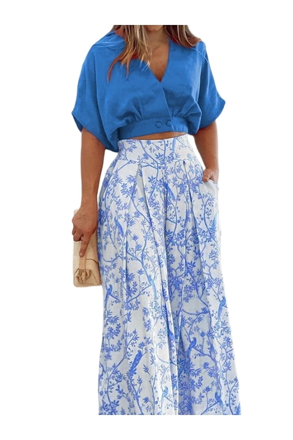 Women'S 2 Piece Outfits V Neck Crop Top and Wide Palazzo Pants Sets for Vacation Blue M