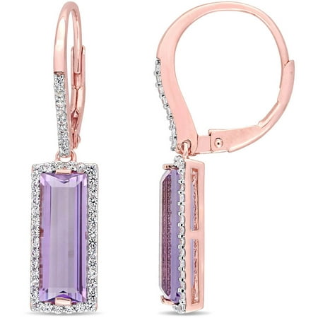 Tangelo 5-1/10 Carat T.G.W. African Amethyst and White Sapphire Rose Rhodium-Plated Sterling Silver Baguette Earrings