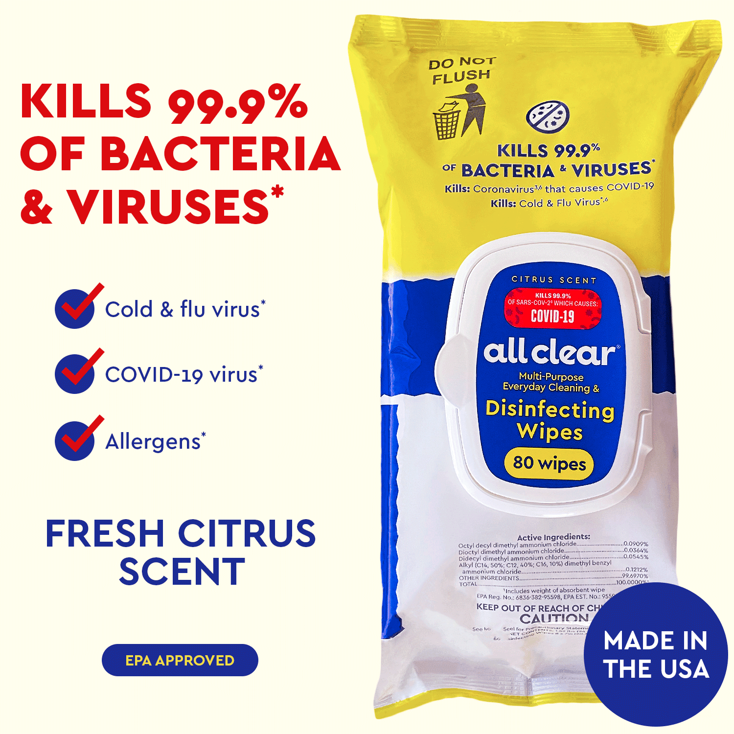 All Clear Disinfecting Wet Wipes, Citrus Scent, Bleach-Free
