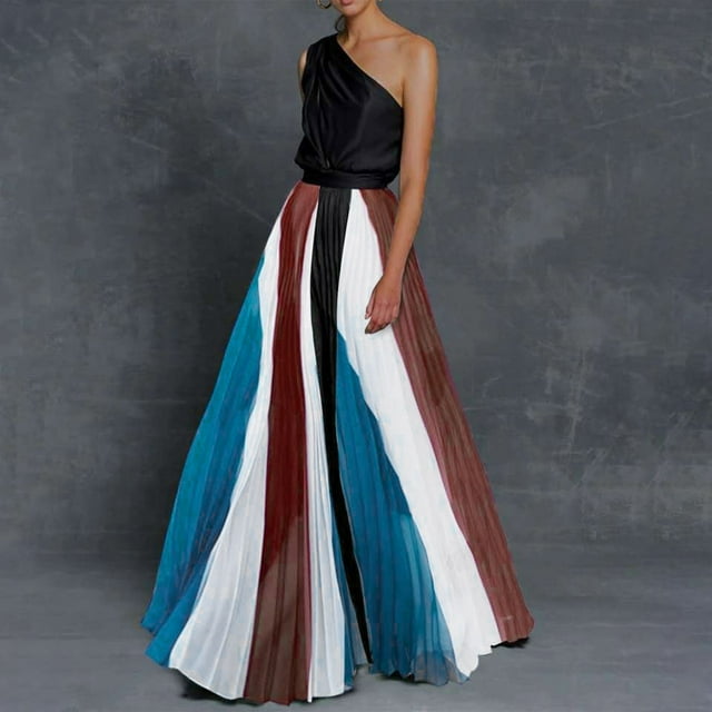 Robe d'Été pour Femmes 2024 Mode Grande Taille Col Contrasté Jupe Longue avec Patchwork Épaules Dénudées Robe Imprimée 50 % de Réduction Liquidation!