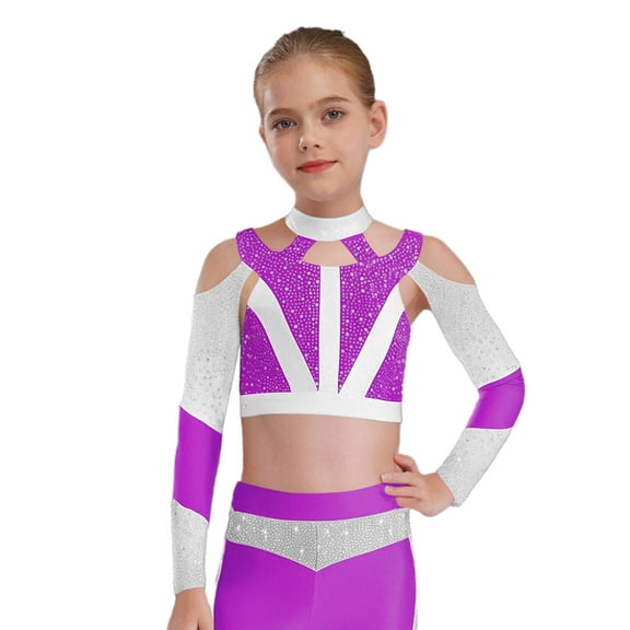 YiZYiF Kids Girls Rhinestones Crisscross-Back Crop Tops Long Sleeve Cold Shoulder Athletic T-shirt Purple 14