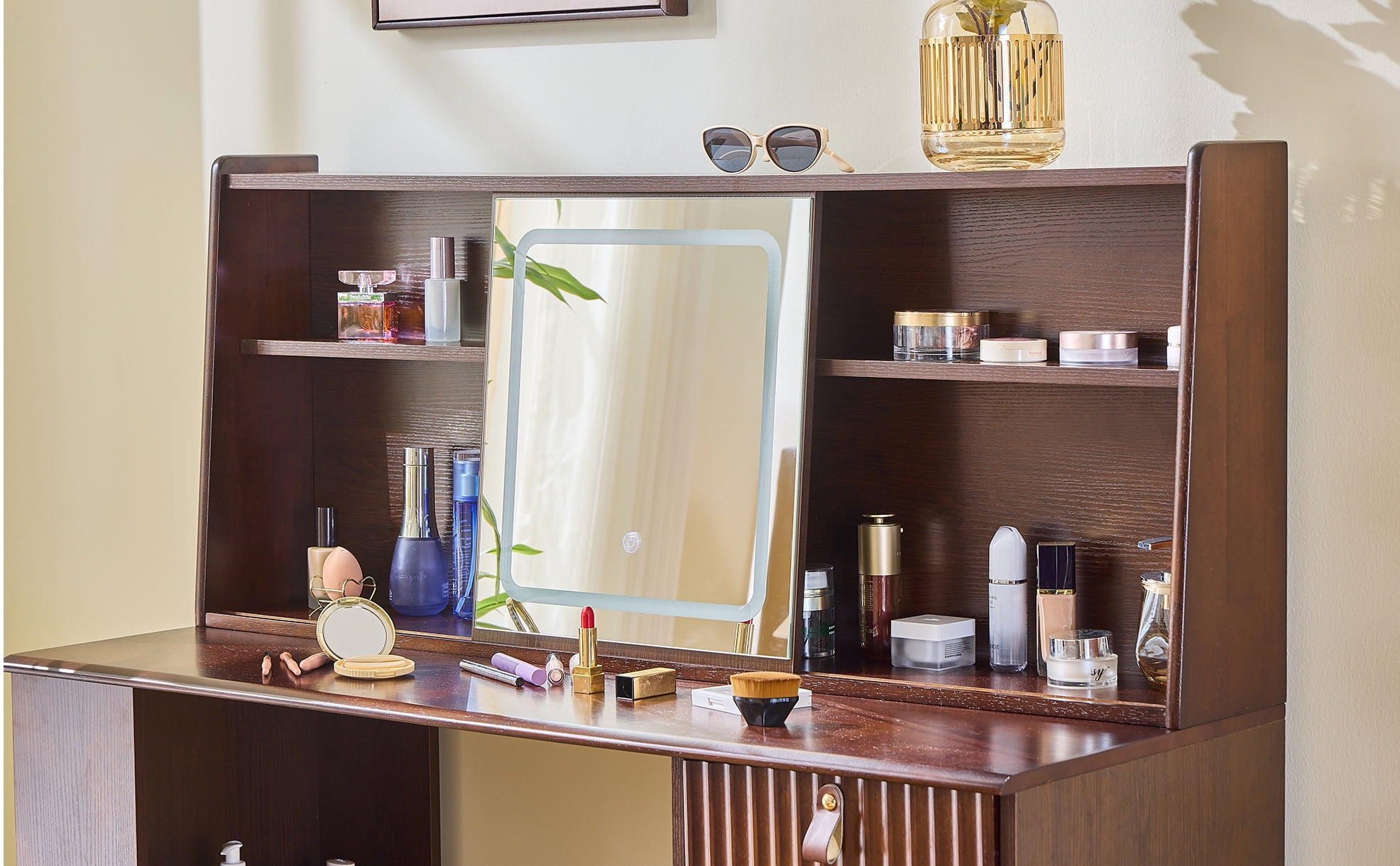 Euroco Modern Walnut Vanity Set with Sliding Touch Mirror & LED Lighting – Fluted Drawer Panel, Ample Storage, Solid Wood Frame, Stool Included