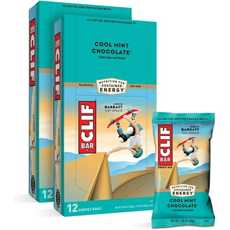 CLIF BARS - Energy Bars - Cool Mint Chocolate - With Caffeine - Made with Organic Oats - Plant Based Food - Vegetarian - Kosher (2.4 Ounce Protein Bars 24 Count) Packaging May Vary
