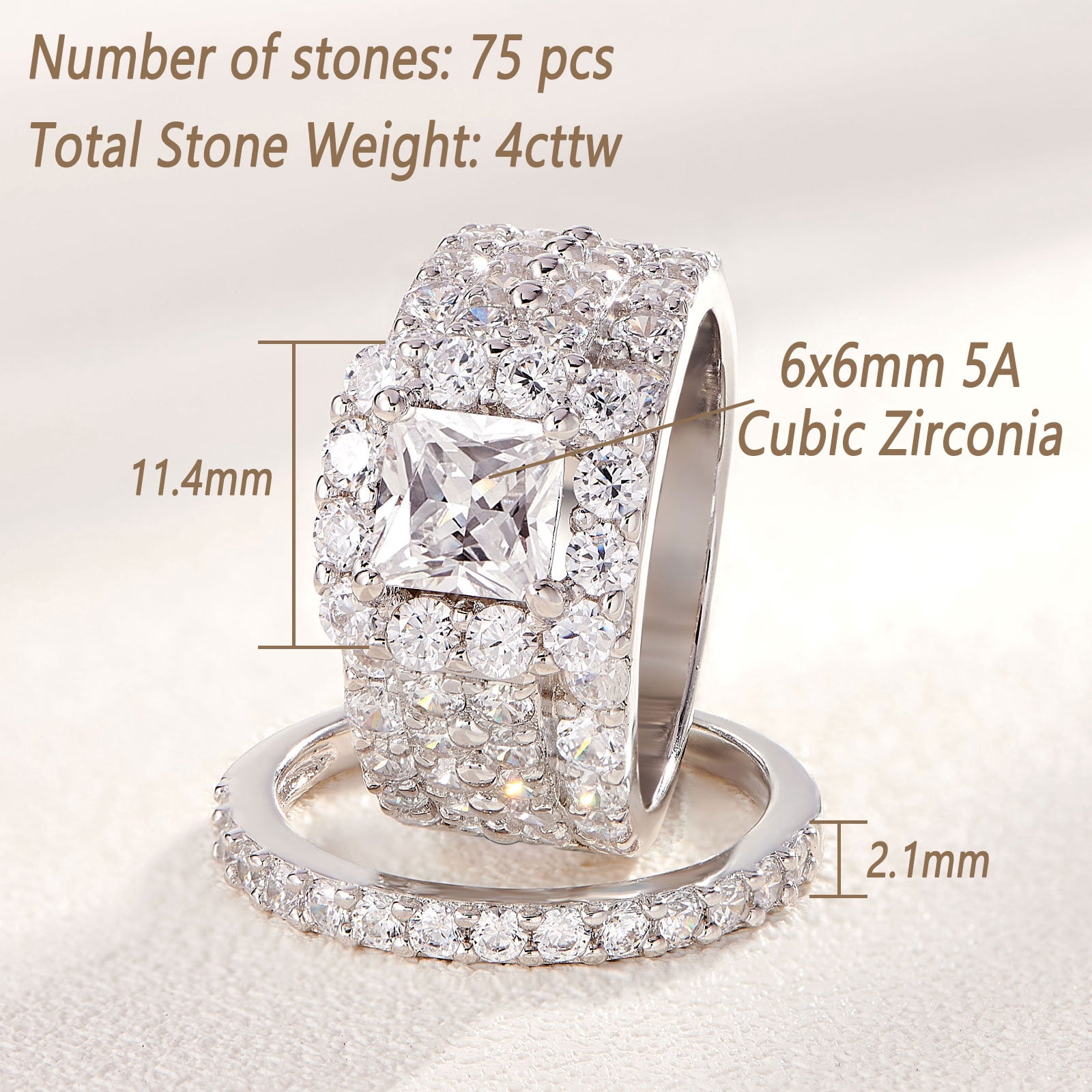 Wuziwen 4Ct Vintage Wedding Ring Set for Women Cubic Zirconia 925 Sterling Silver Princess Halo Cluster Engagement Rings for Her Size 6