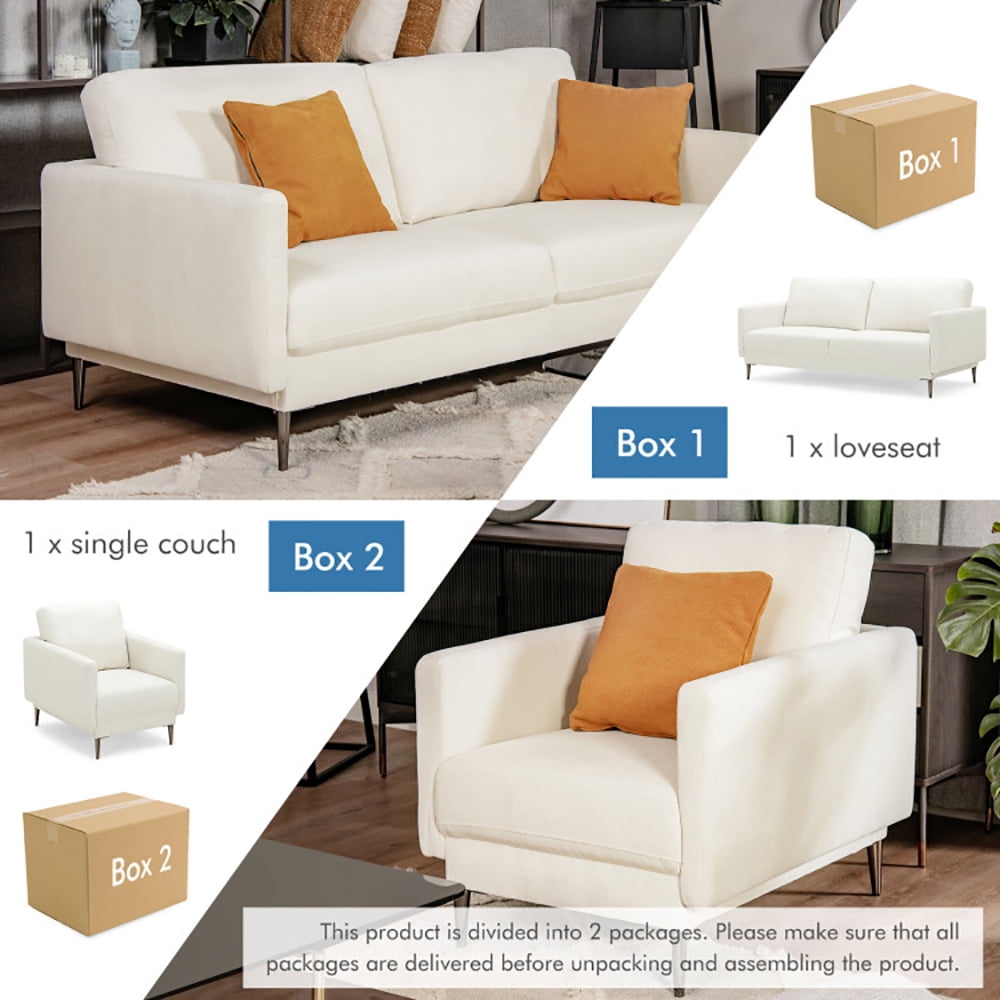 Finihen Sofa Set, Modern Sofa Couch with Solid Metal Legs and Removable Backrest Cushion, for Living Room, Bedroom, White