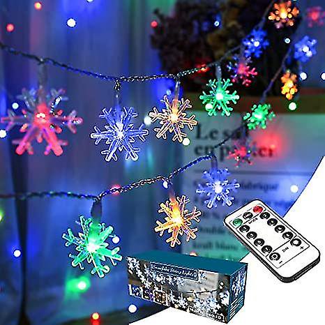 Luces de copo de nieve de colores, 50 luces LED de 16,08 pies, luces navideñas de copos de nieve con control remoto, 8 modos