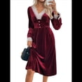thumbnail image 3 of Vestido Formal Elegante de Terciopelo con Escote en V y Encaje Retro Estilo Vintage para Mujer. Rojo Vino M, 3 of 10