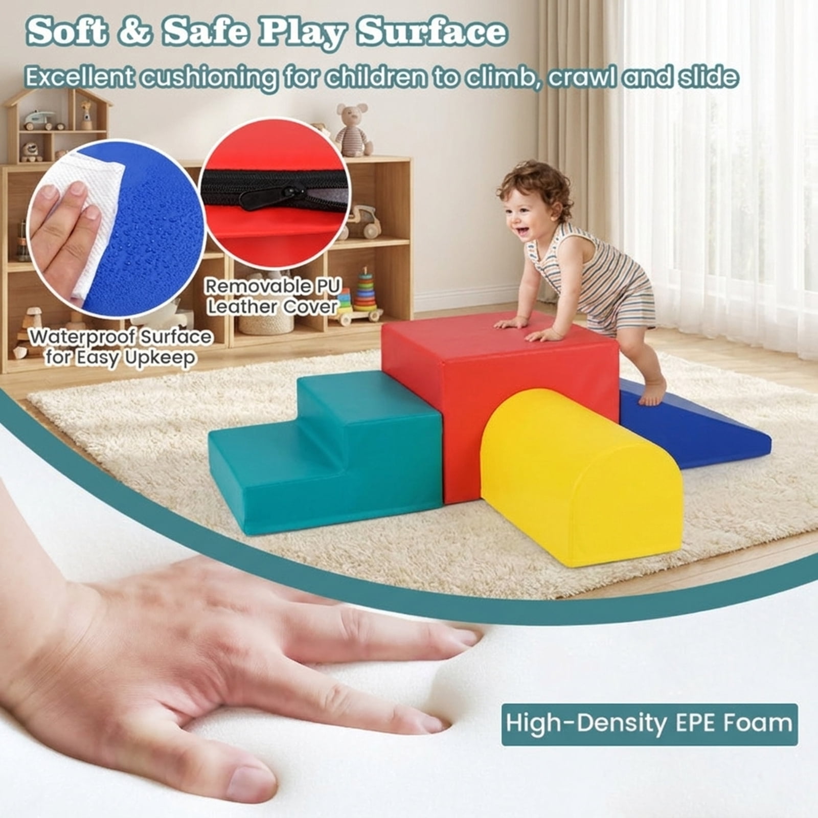 Redsmile Foam Climbing Blocks for Babies, Climb and Crawl Play Set with Tunnel Slide and Rocker, Soft Infant Play Gym, Red