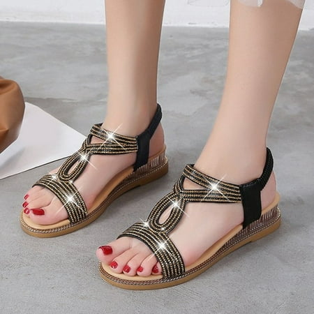 

Ladies Shoes Summer Roman Sandals Rhinestone Wedge Elastic Strap Breathable Sandals