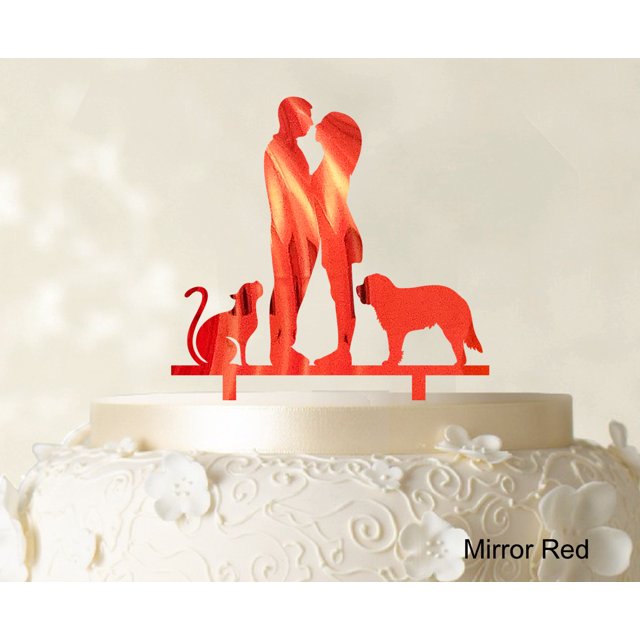Couple Wedding Cake Topper With Pets Silhouette Wedding Topper Cake Decorations Color Option Available 6.5-7.5 Inches Wide